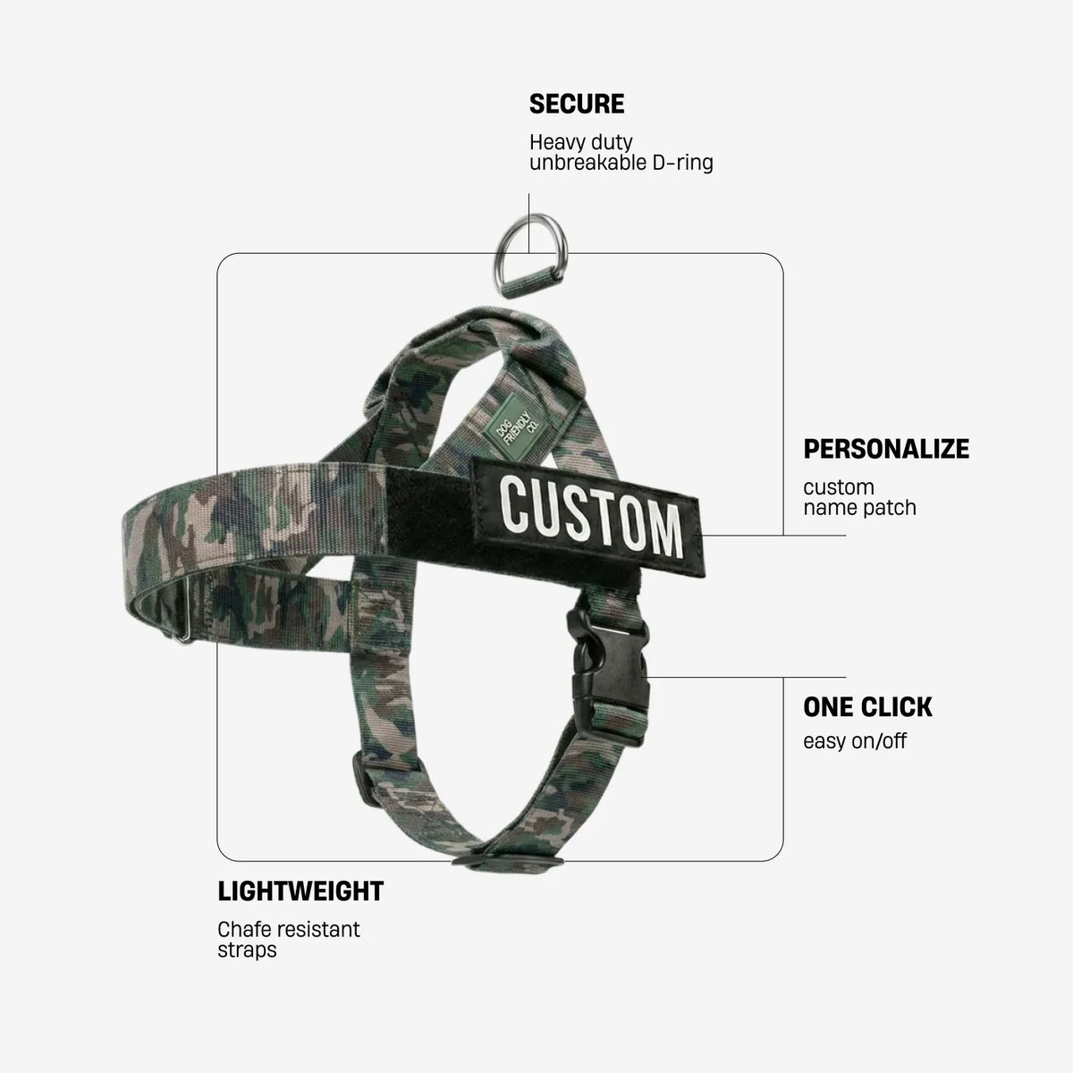 Green Camo dog harness with labels identifying the heavy-duty back D-ring, lightweight chafe-resistant straps, and one-click buckle.