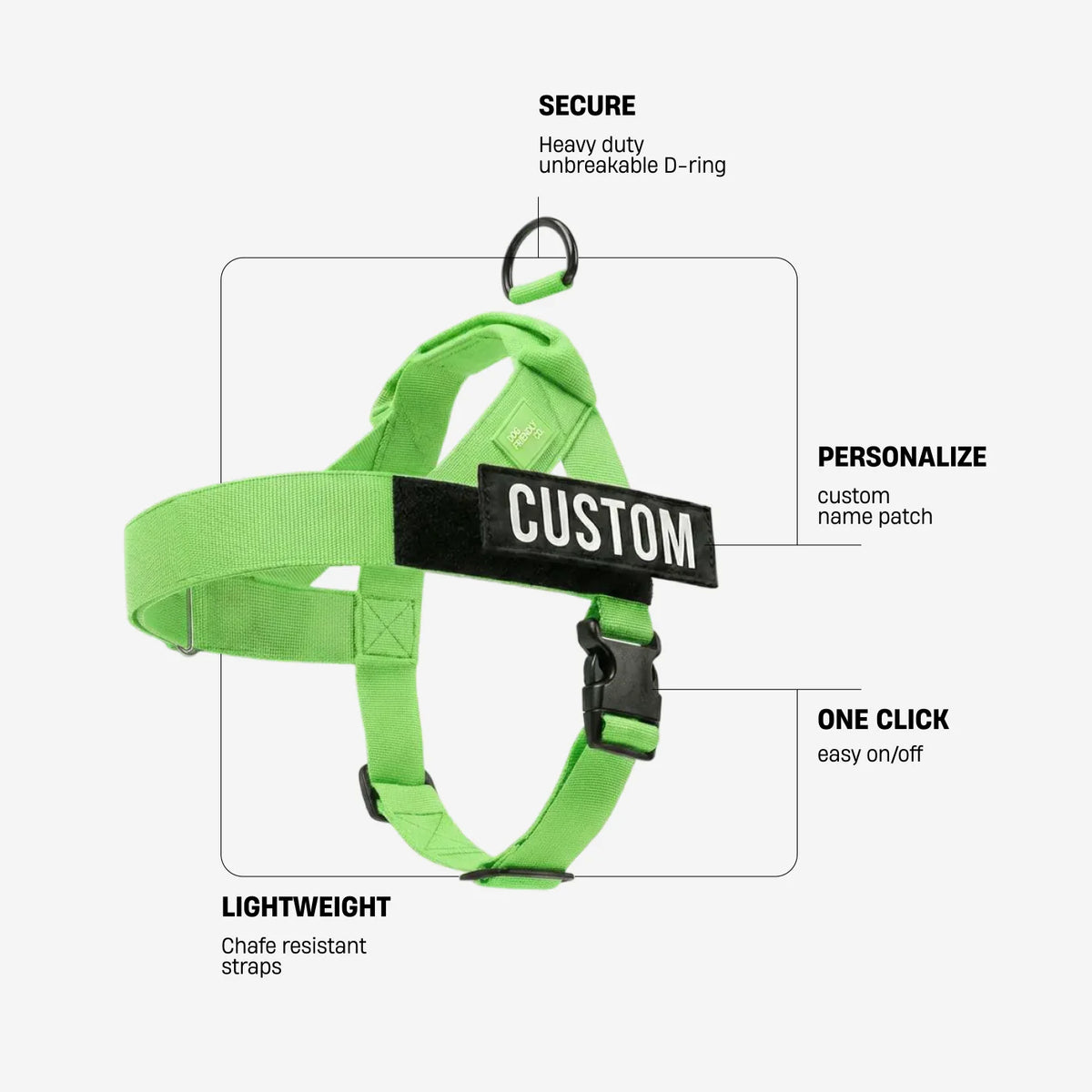 Neon Green dog harness with labels identifying the heavy-duty back D-ring, lightweight chafe-resistant straps, and one-click buckle.