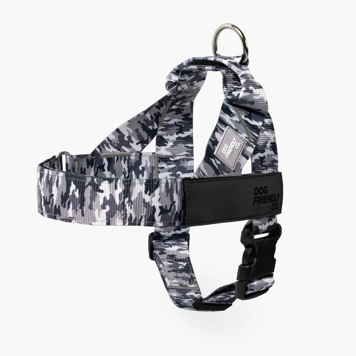 Grey Camo Personalised dog harness with adjustable straps, grab handle and back D-ring leash attachment, with custom name patch, and easy one click buckle.