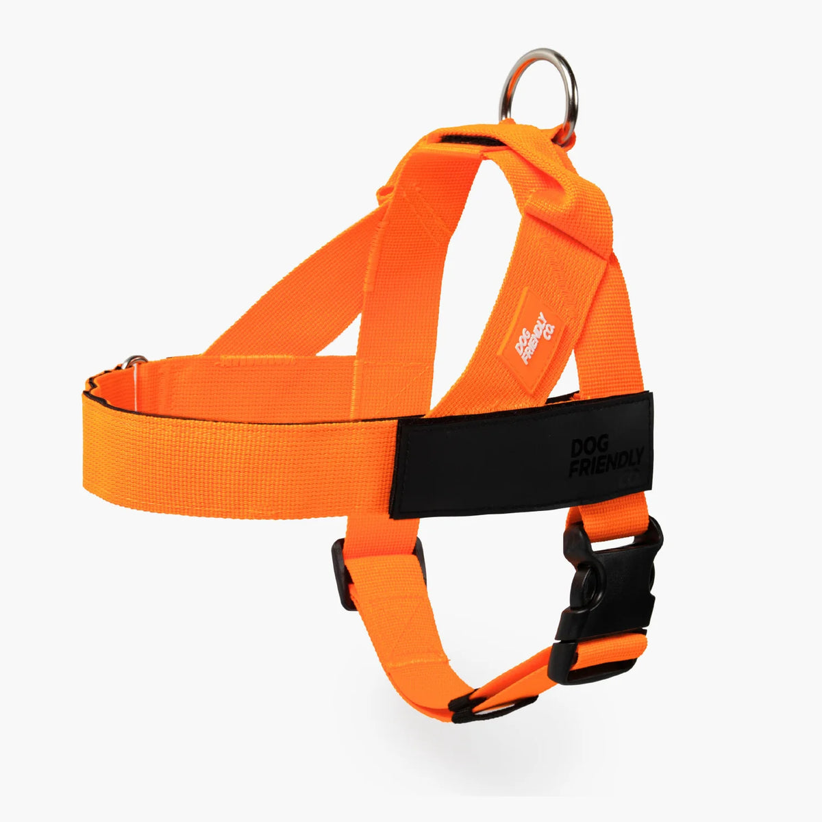 Hi-Vis Orange Personalised dog harness with adjustable straps, grab handle and back D-ring leash attachment, with custom name patch, and easy one click buckle.