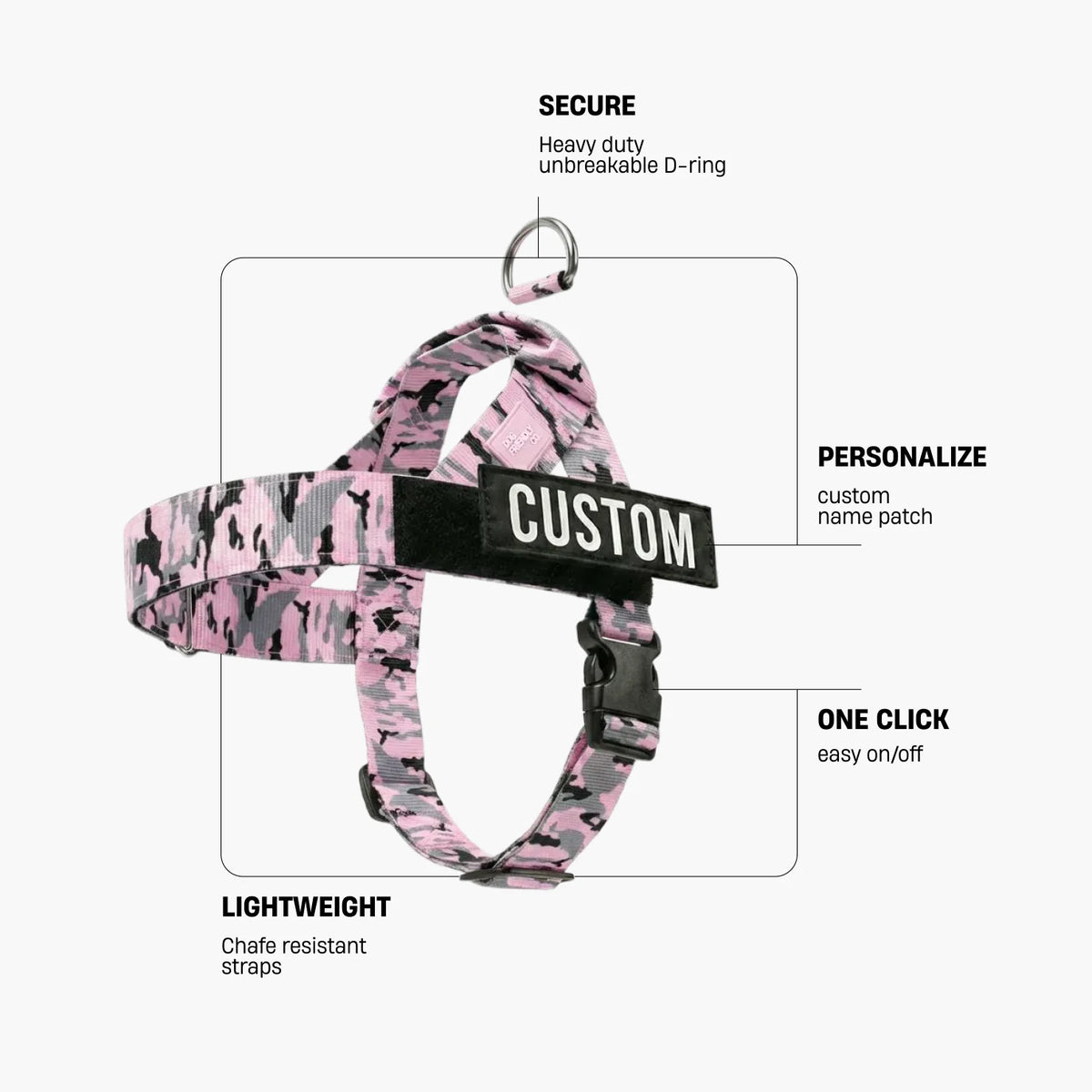 Pink Camo dog harness with labels identifying the heavy-duty back D-ring, lightweight chafe-resistant straps, and one-click buckle.