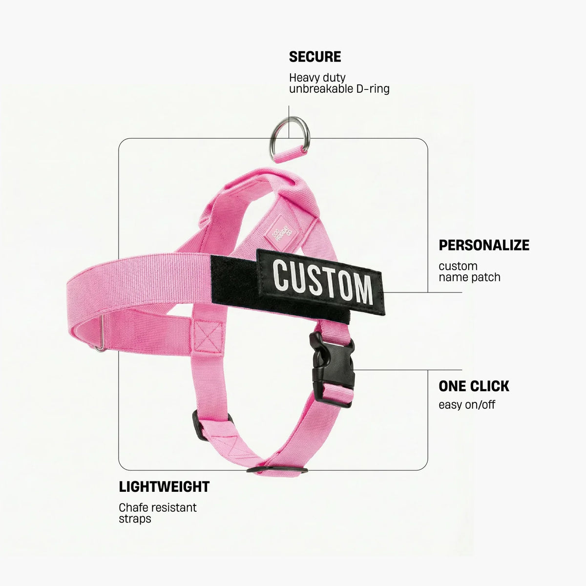 Pink dog harness with labels identifying the heavy-duty back D-ring, lightweight chafe-resistant straps, and one-click buckle.