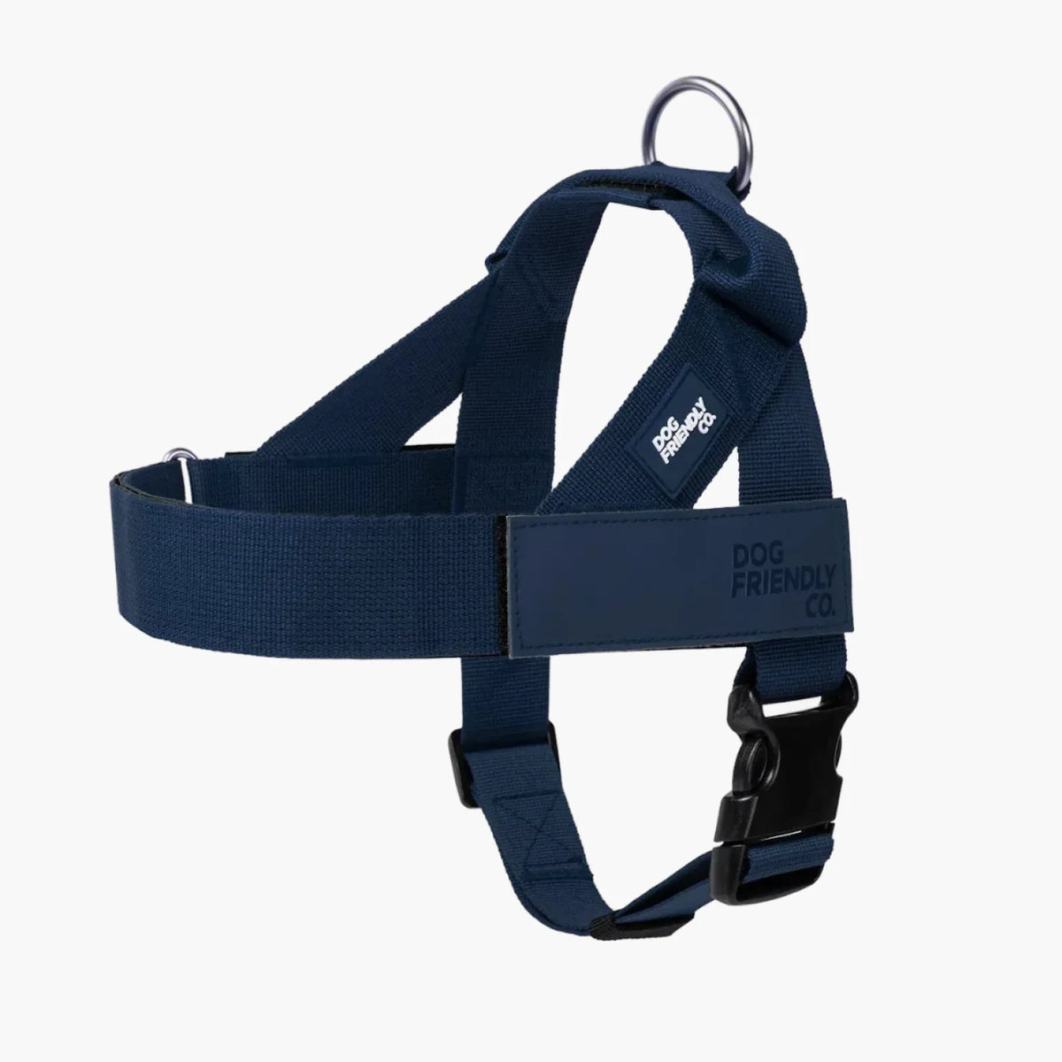 Navy Blue Personalised dog harness with adjustable straps, grab handle and back D-ring leash attachment, with custom name patch, and easy one click buckle.