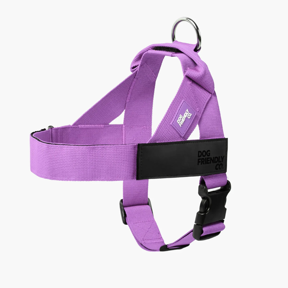 Purple Personalised dog harness with adjustable straps, grab handle and back D-ring leash attachment, with custom name patch, and easy one click buckle.