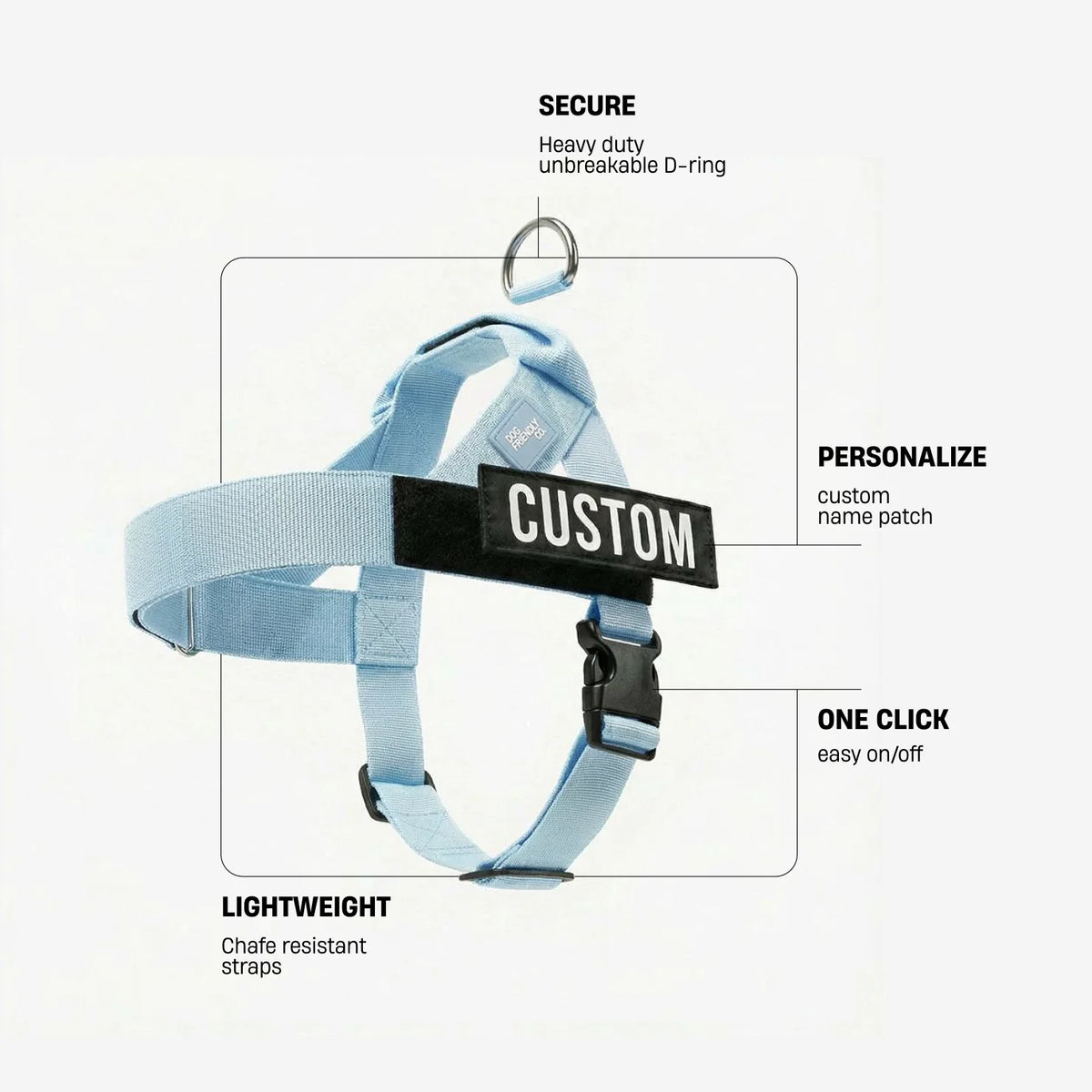 Sky Blue dog harness with labels identifying the heavy-duty back D-ring, lightweight chafe-resistant straps, and one-click buckle.