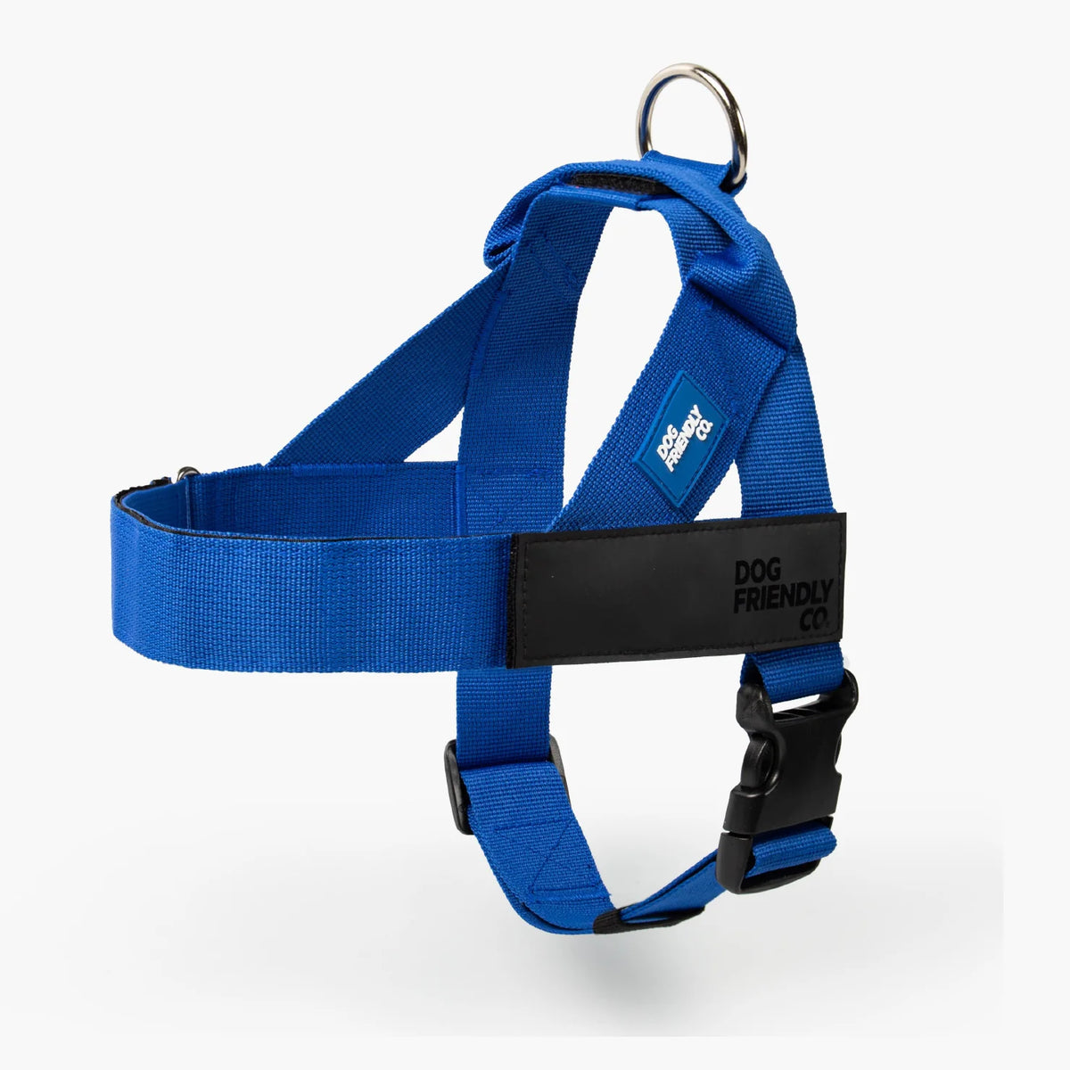 Classic Blue Personalised dog harness with adjustable straps, grab handle and back D-ring leash attachment, with custom name patch, and easy one click buckle.