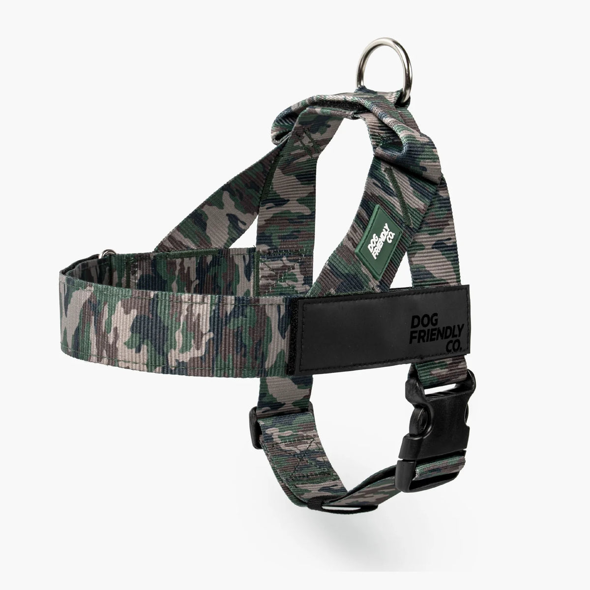 Green Camo Personalised dog harness with adjustable straps, grab handle and back D-ring leash attachment, with custom name patch, and easy one click buckle.