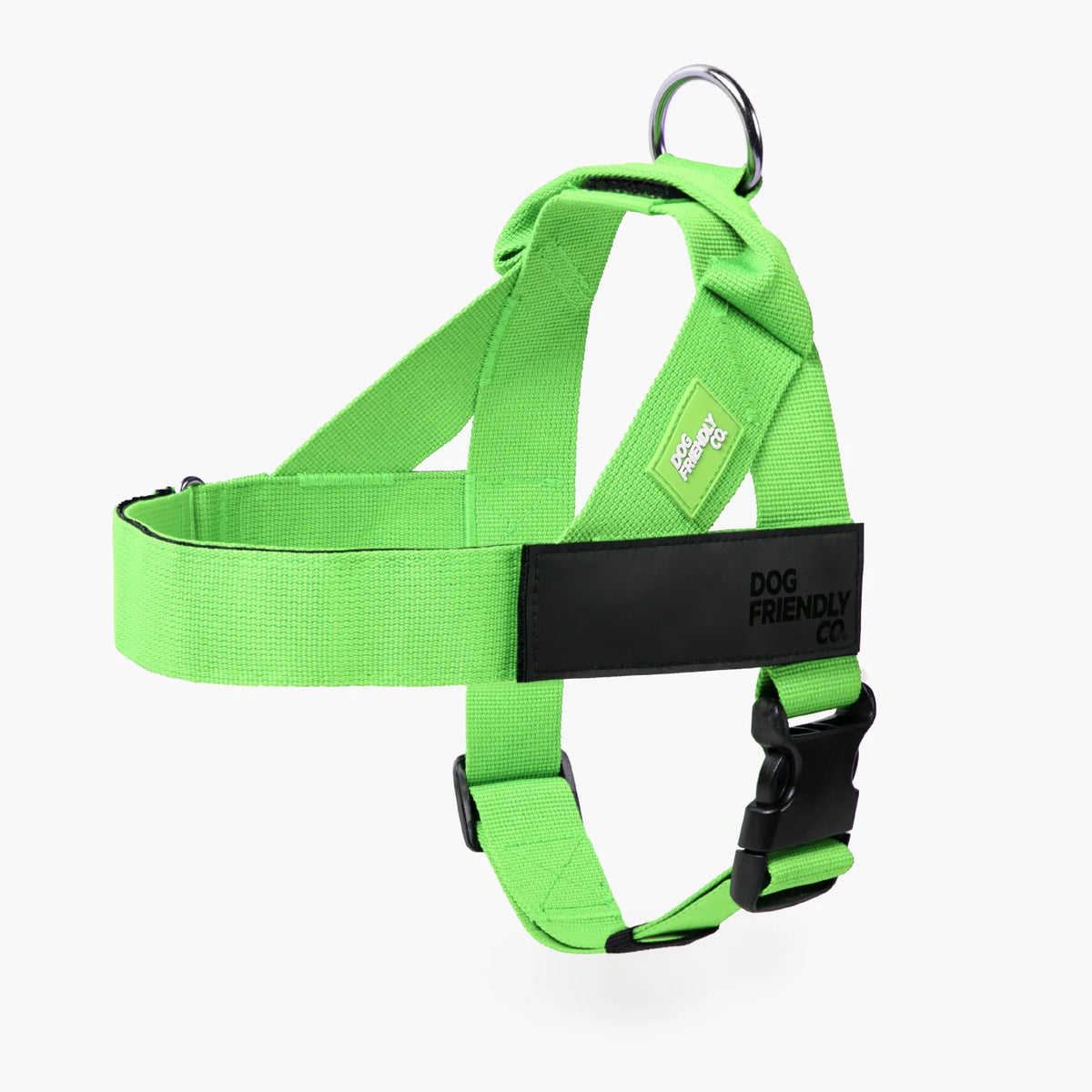 Neon Green Personalised dog harness with adjustable straps, grab handle and back D-ring leash attachment, with custom name patch, and easy one click buckle.