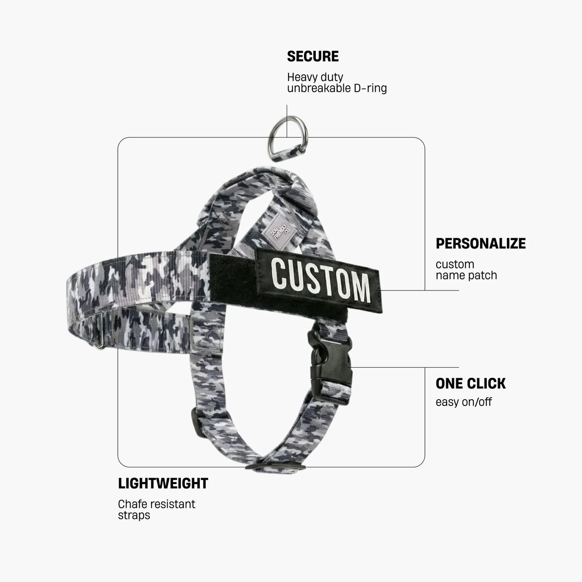 Grey Camo dog harness with labels identifying the heavy-duty back D-ring, lightweight chafe-resistant straps, and one-click buckle.