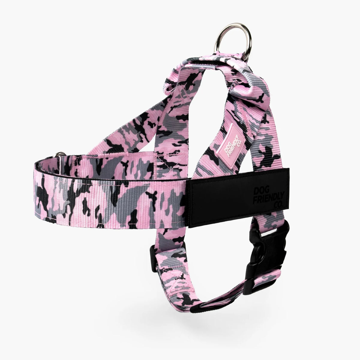 Pink Camo Personalised dog harness with adjustable straps, grab handle and back D-ring leash attachment, with custom name patch, and easy one click buckle.