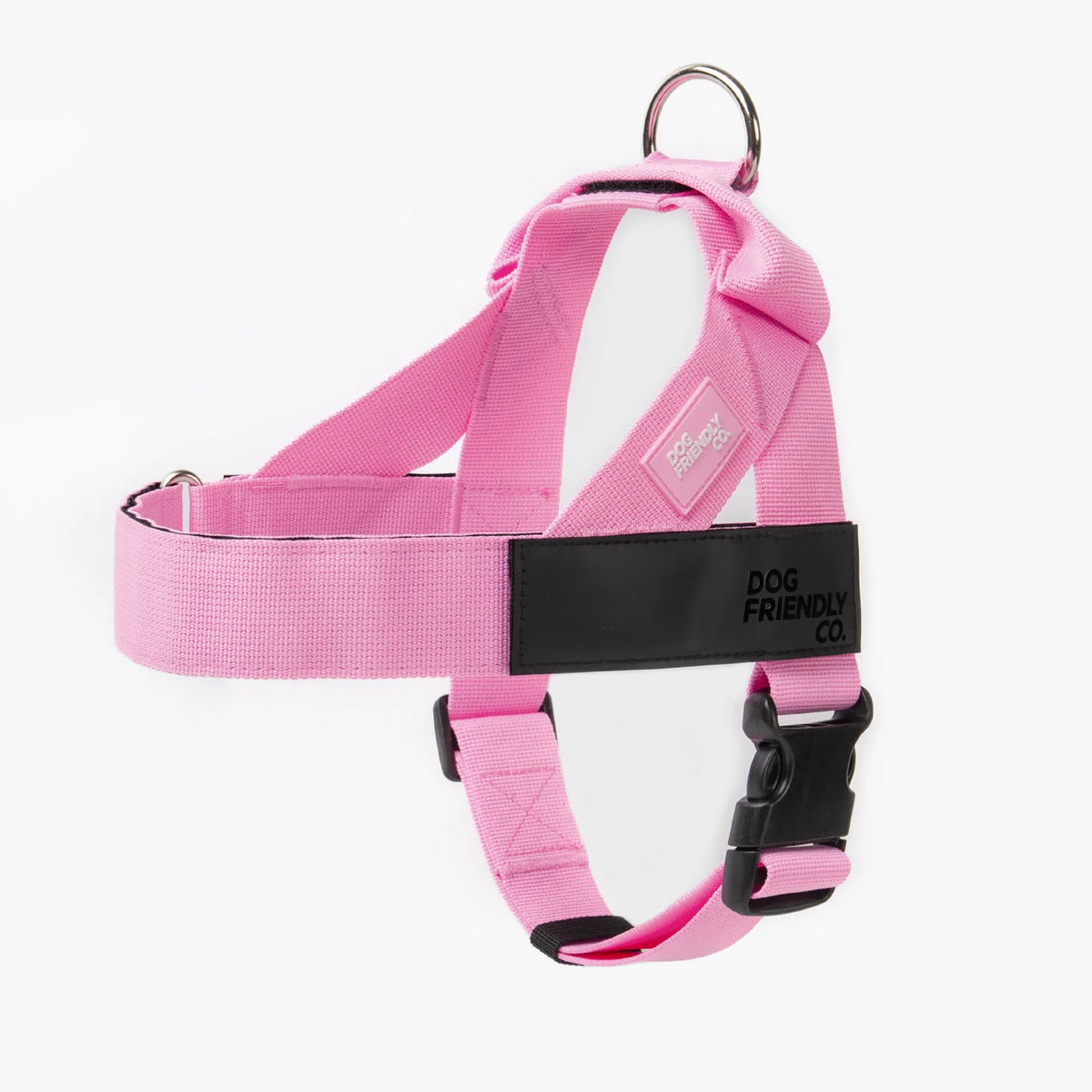 Pink Personalised dog harness with adjustable straps, grab handle and back D-ring leash attachment, with custom name patch, and easy one click buckle.