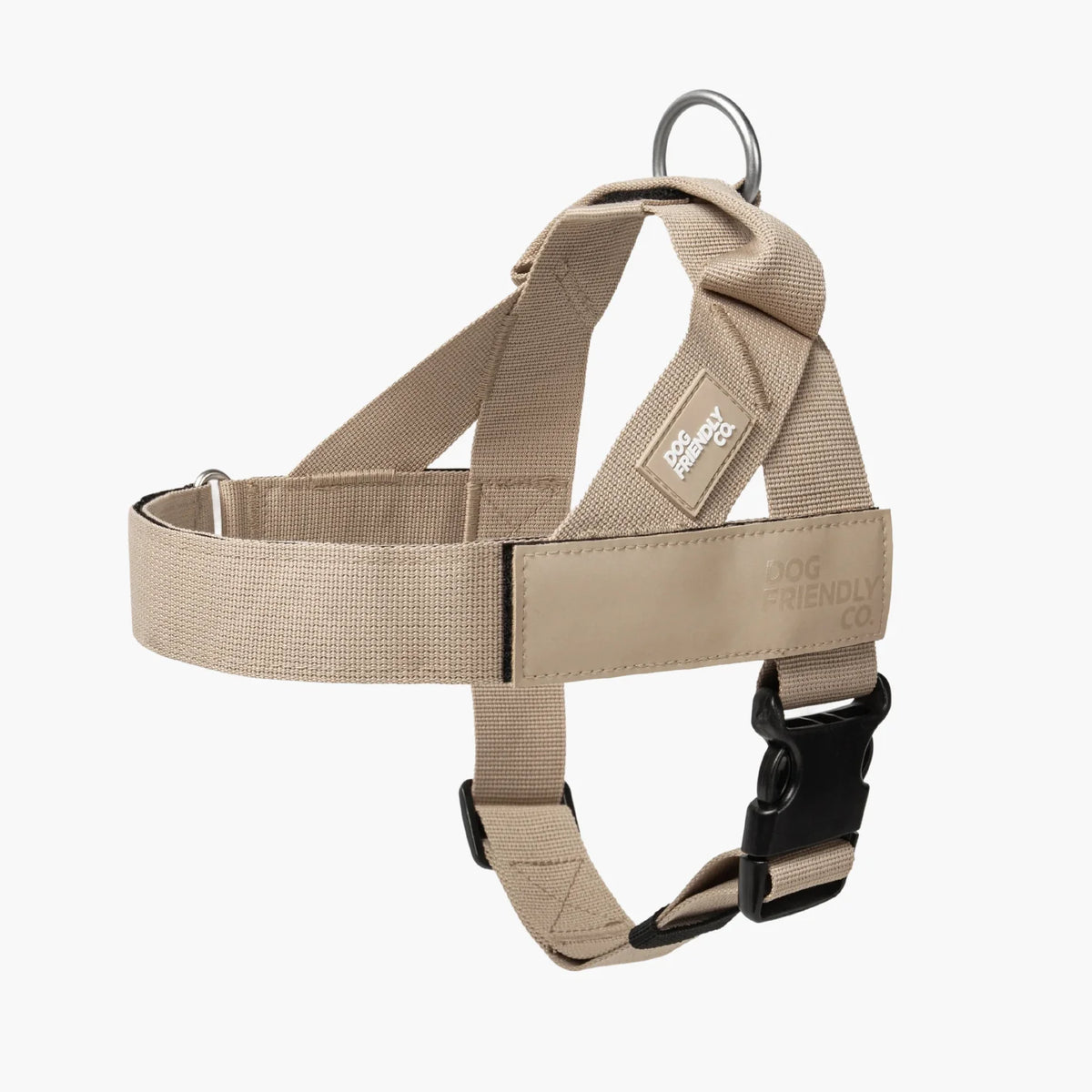 Brown Personalised dog harness with adjustable straps, grab handle and back D-ring leash attachment, with custom name patch, and easy one click buckle.