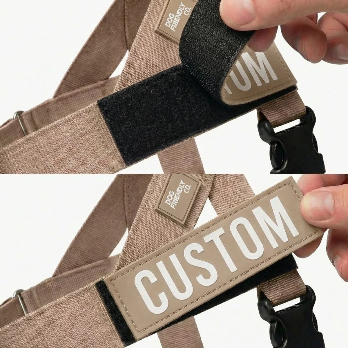 Brown Dog harness with a personalised name patch.