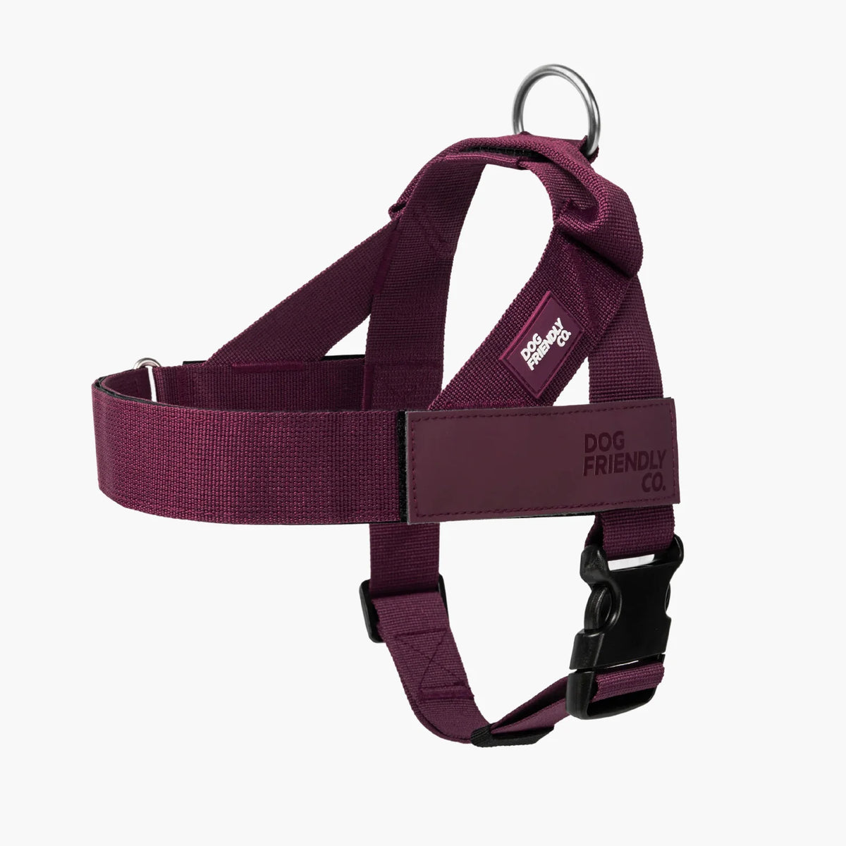 Burgundy Personalised dog harness with adjustable straps, grab handle and back D-ring leash attachment, with custom name patch, and easy one click buckle.