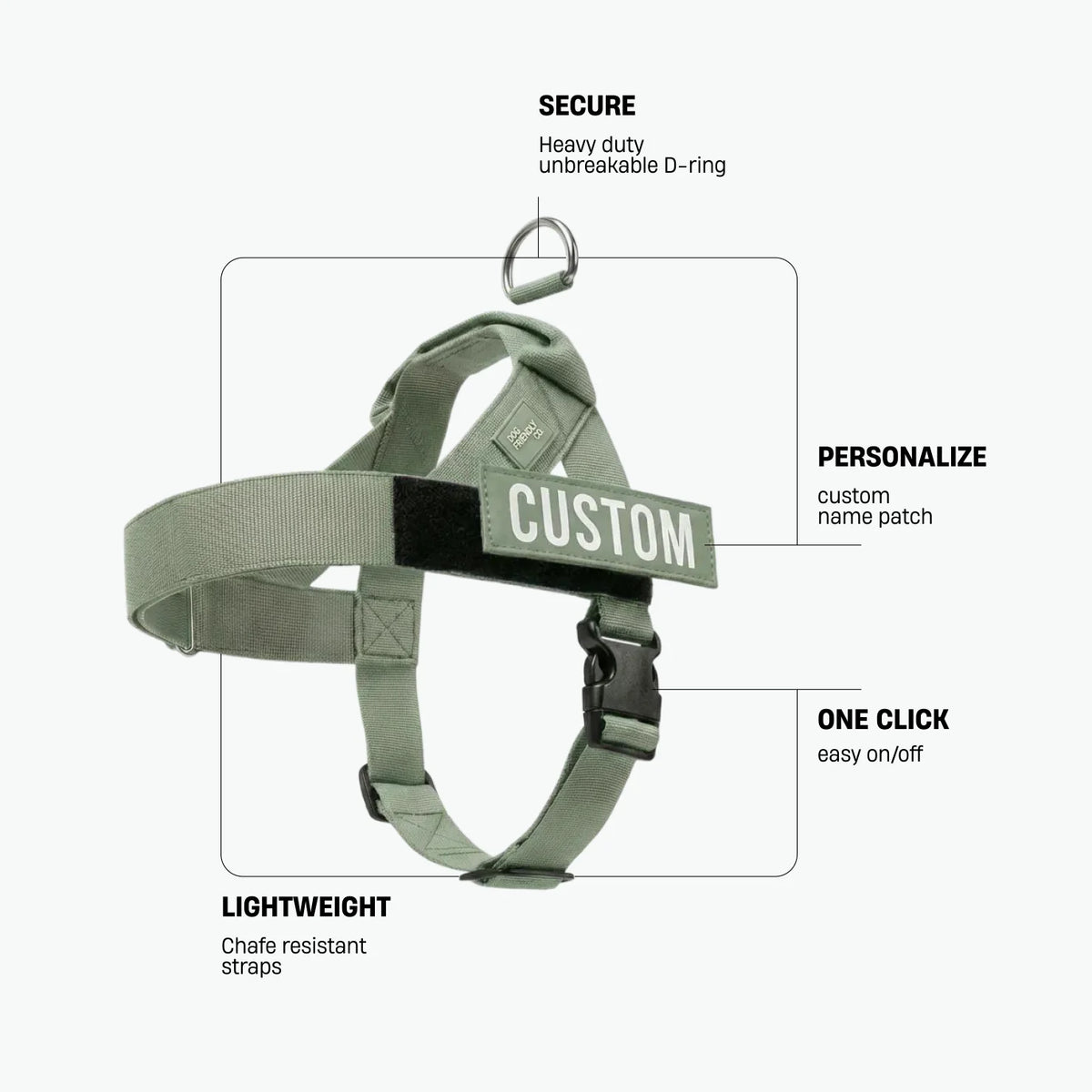 Khaki dog harness with labels identifying the heavy-duty back D-ring, lightweight chafe-resistant straps, and one-click buckle.