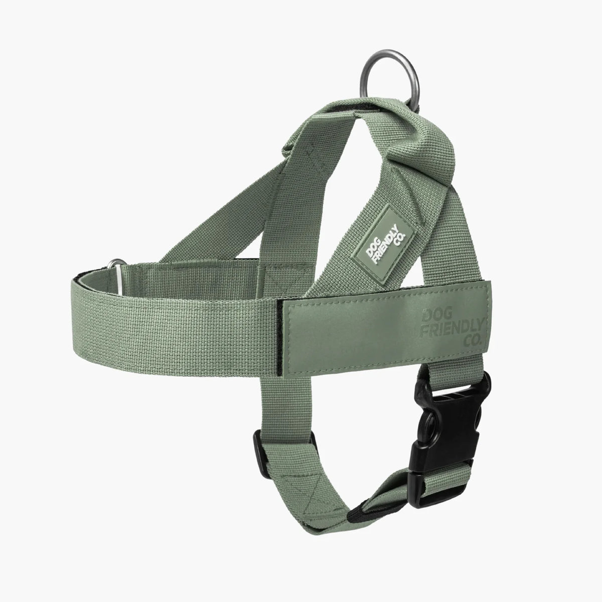 Khaki Personalised dog harness with adjustable straps, grab handle and back D-ring leash attachment, with custom name patch, and easy one click buckle.