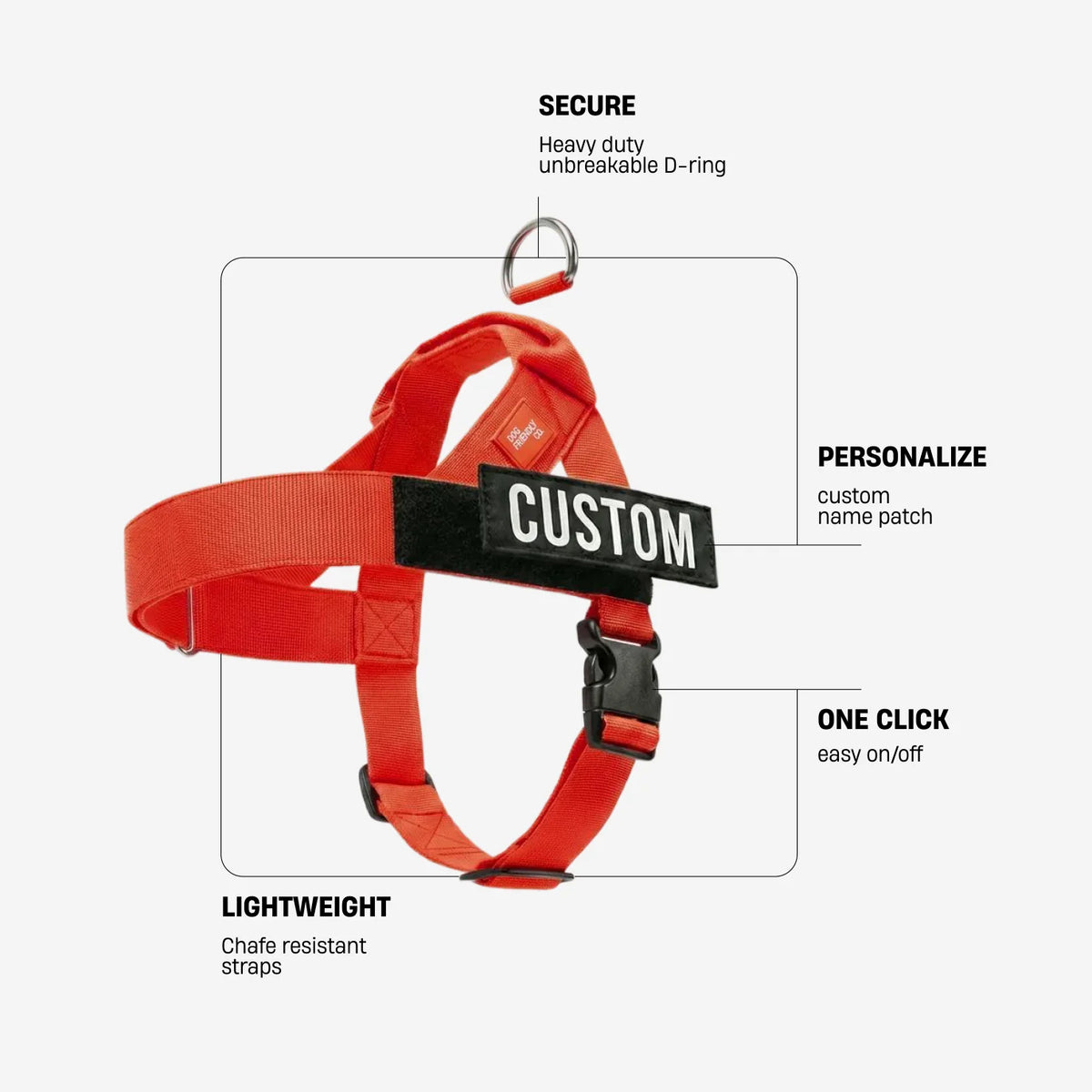 Red dog harness with labels identifying the heavy-duty back D-ring, lightweight chafe-resistant straps, and one-click buckle.