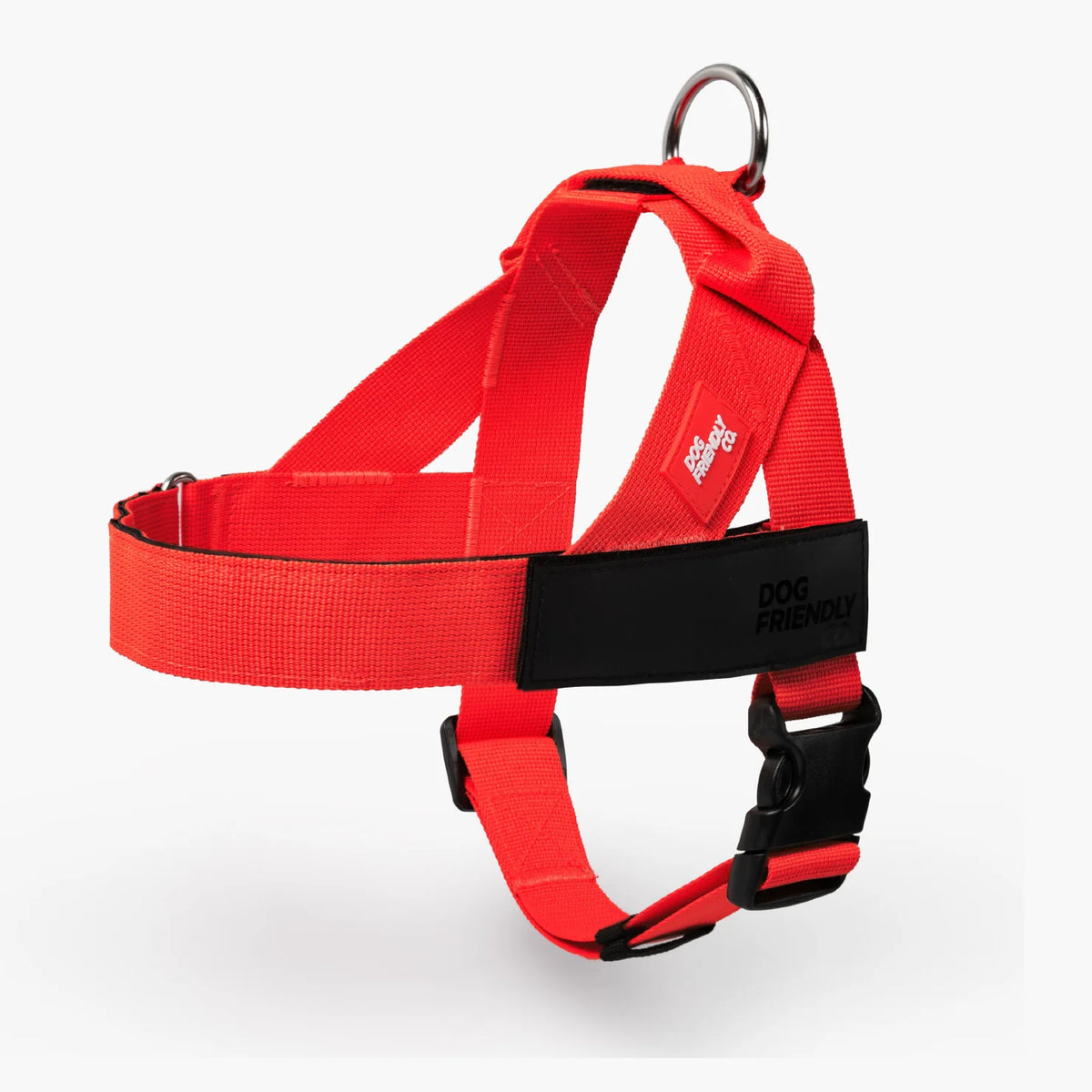 Red Personalised dog harness with adjustable straps, grab handle and back D-ring leash attachment, with custom name patch, and easy one click buckle.