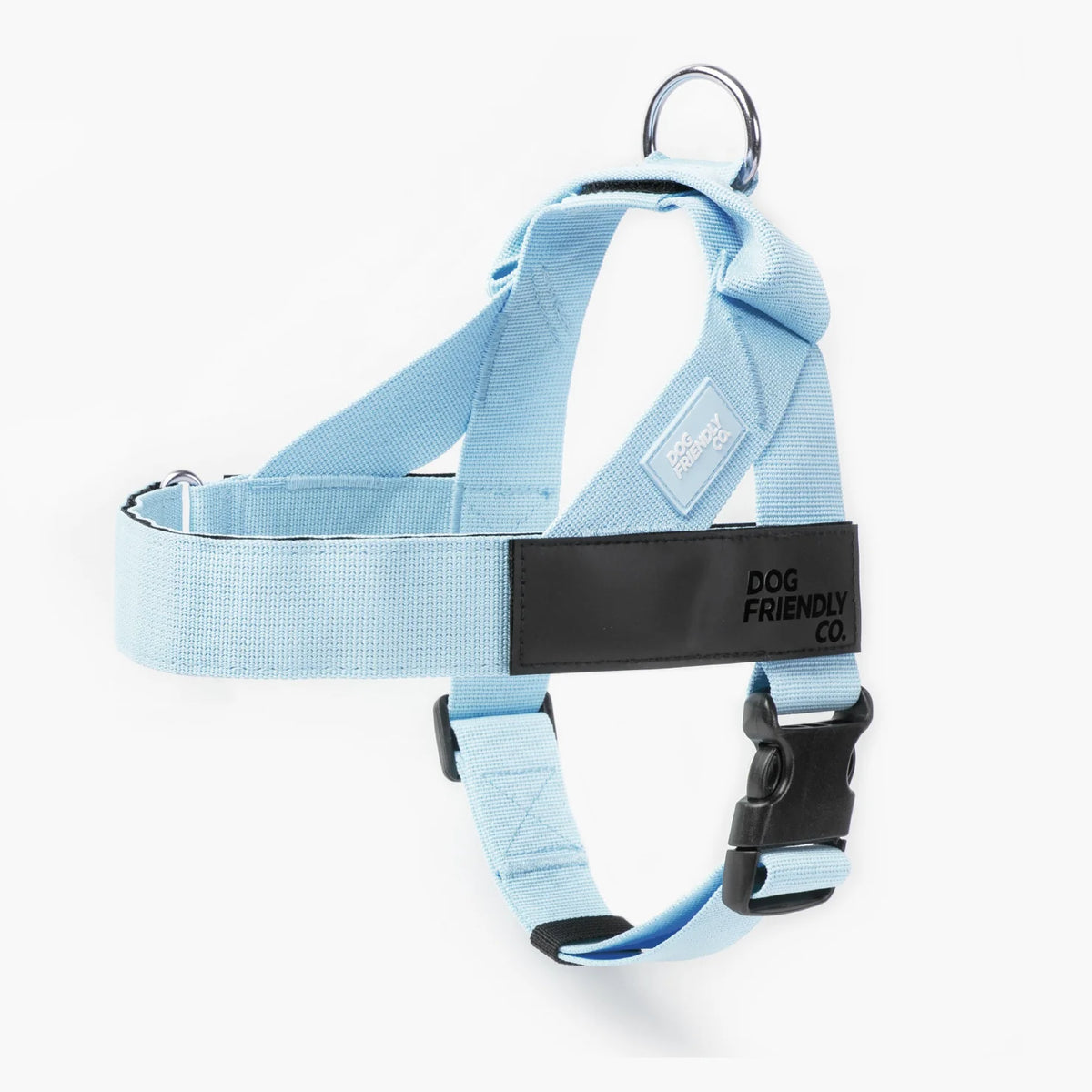 Sky Blue Personalised dog harness with adjustable straps, grab handle and back D-ring leash attachment, with custom name patch, and easy one click buckle.