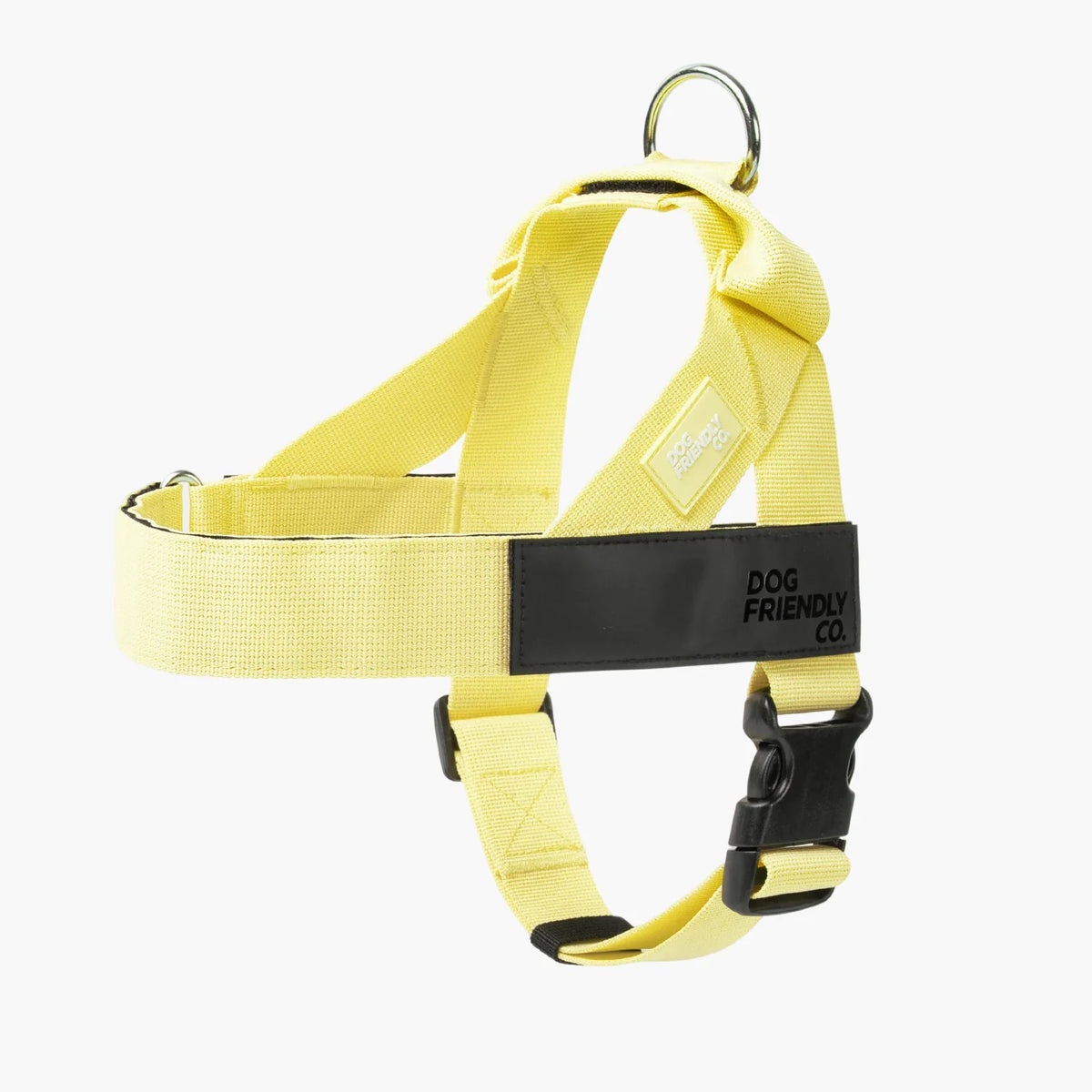Yellow Personalised dog harness with adjustable straps, grab handle and back D-ring leash attachment, with custom name patch, and easy one click buckle.